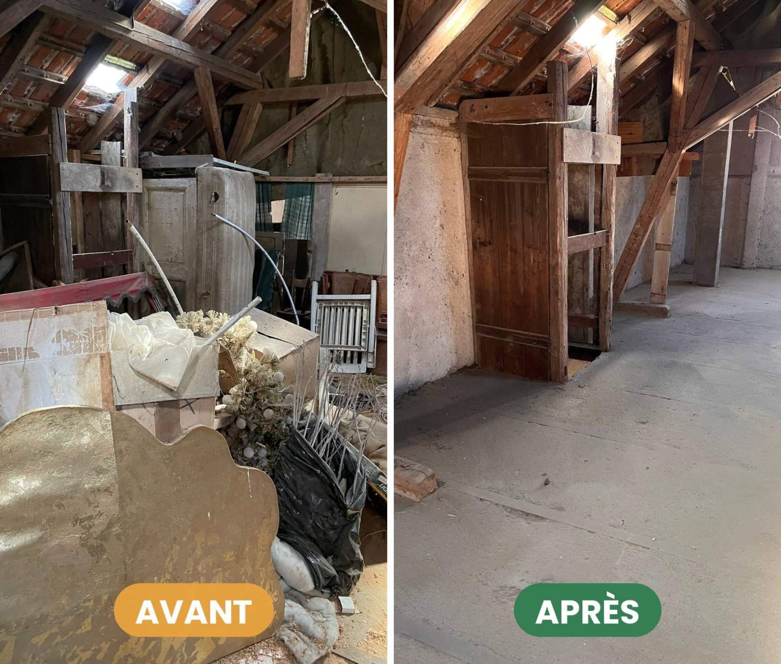 Débarras d'un grenier à Bourbach-le-Bas, avant et après.